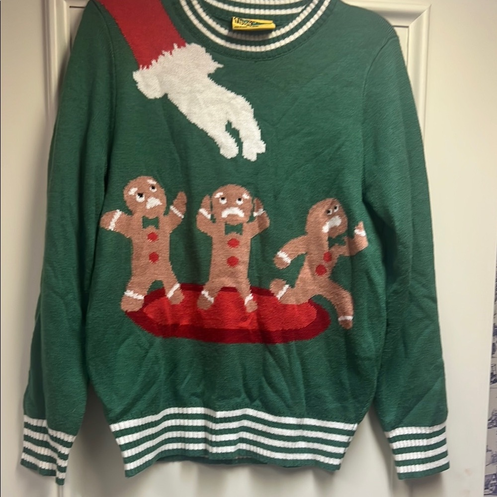 TIPSY ELVES Green Holiday Sweater with Gingerbread Men - MEN'S MEDIUM